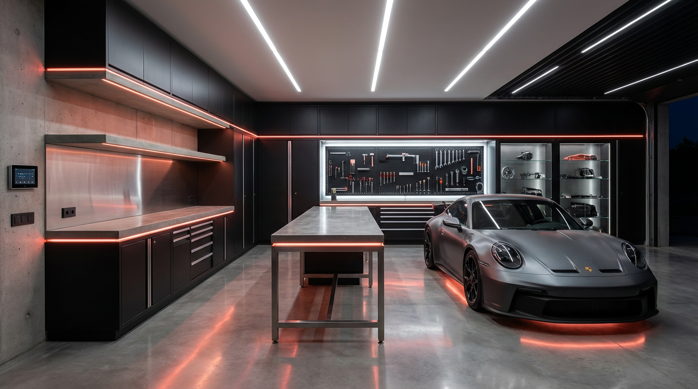 Garasje med integrert LED-belysning - taklys, vegglys, arbeidslys og ambient belysning